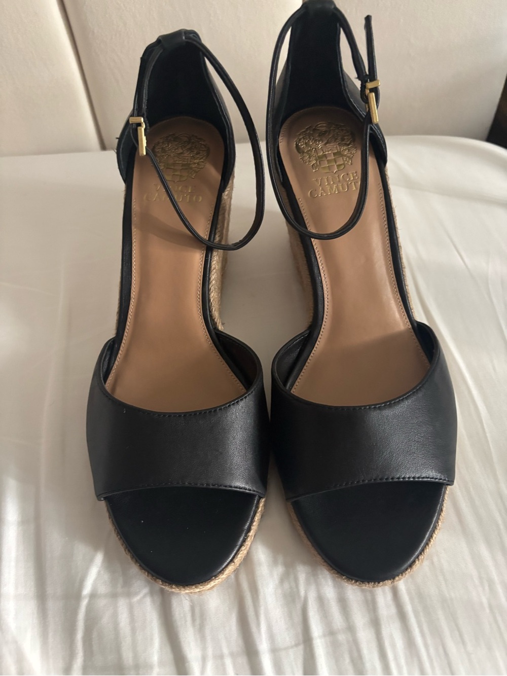 New Vince Camuto Black Leather Ankle-Strap Wedge Sandals